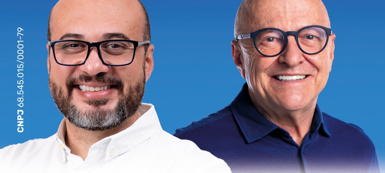 Arte oficial da campanha com Dr. Leonardo e o governador Otaviano Pivetta lado a lado